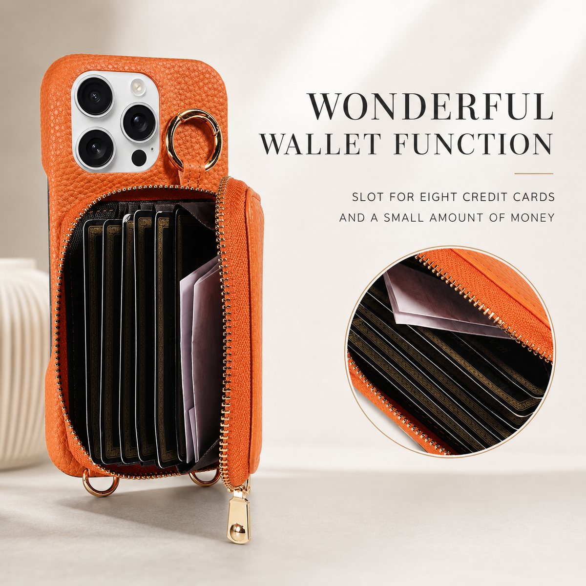 Premium iPhone Case Faux Leather Crossbody Wallet Cover Card Slots Ring Holder Shockproof Full Protection