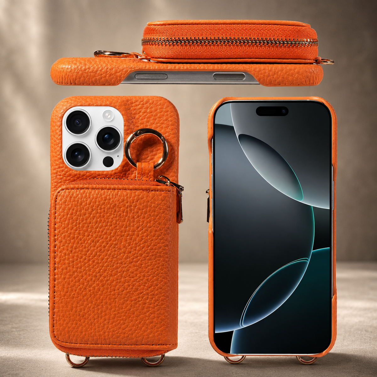 Premium iPhone Case Faux Leather Crossbody Wallet Cover Card Slots Ring Holder Shockproof Full Protection