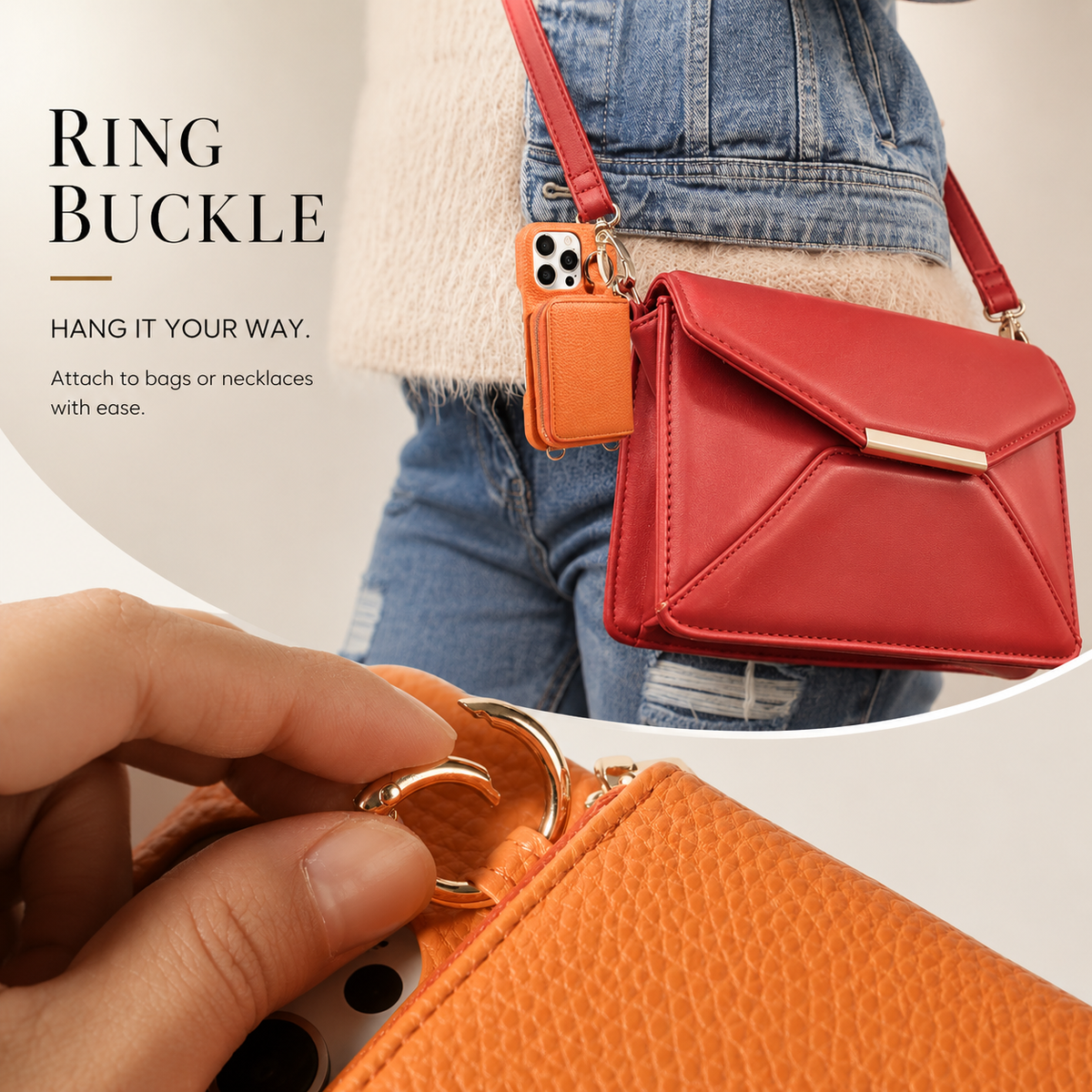 Premium iPhone Case Faux Leather Crossbody Wallet Cover Card Slots Ring Holder Shockproof Full Protection