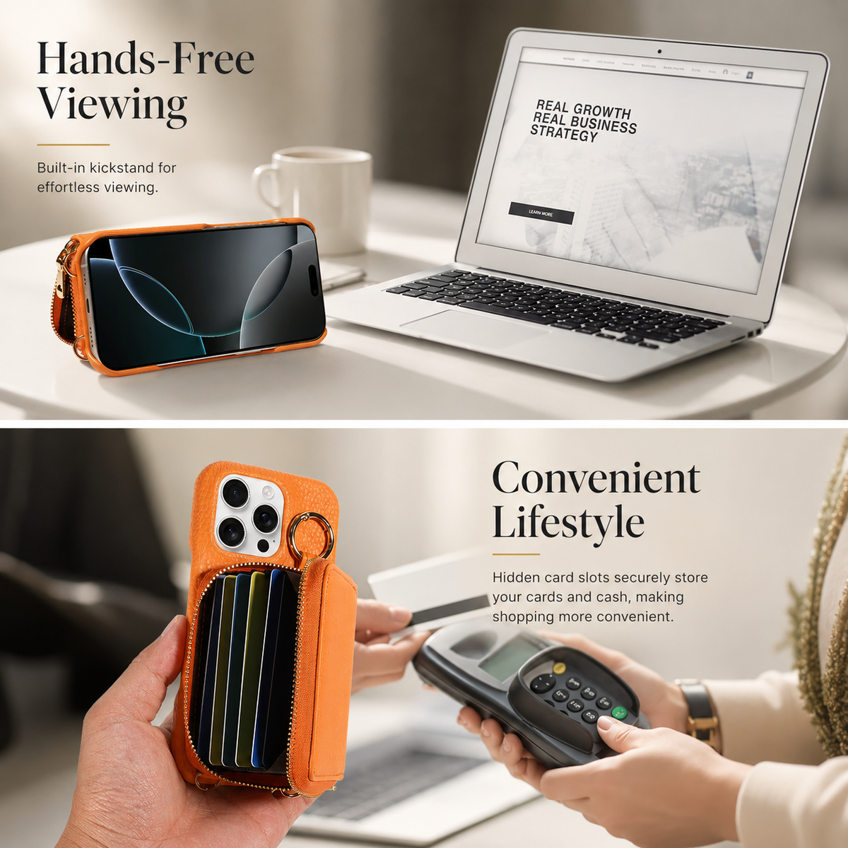 Premium iPhone Case Faux Leather Crossbody Wallet Cover Card Slots Ring Holder Shockproof Full Protection
