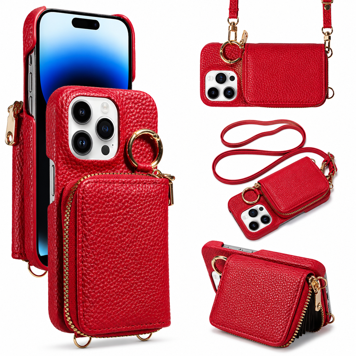 Premium iPhone Case Faux Leather Crossbody Wallet Cover Card Slots Ring Holder Shockproof Full Protection