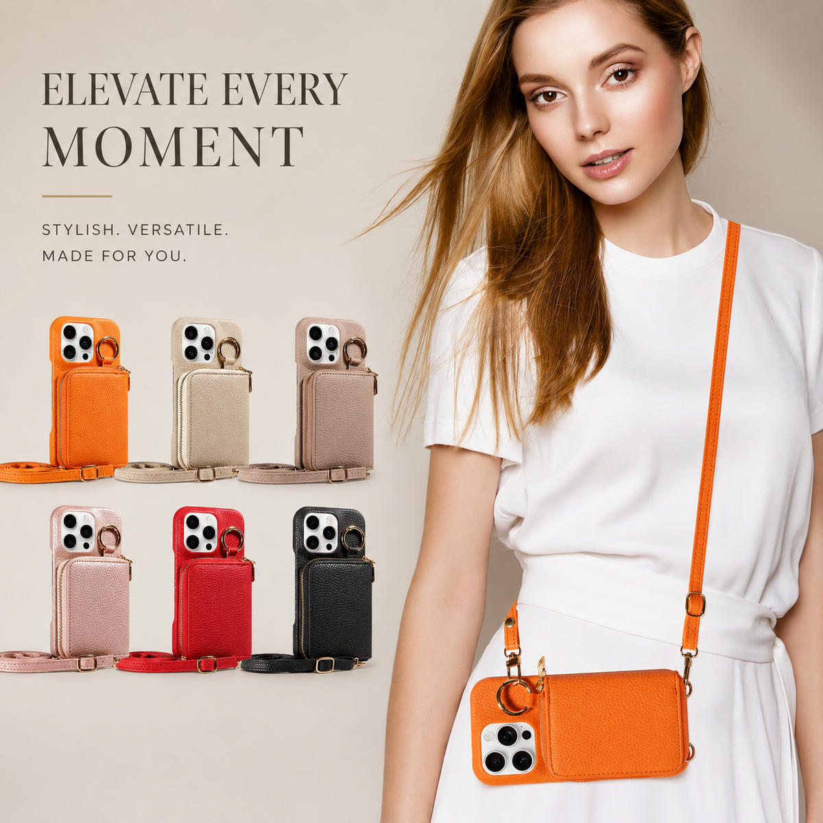 Premium iPhone Case Faux Leather Crossbody Wallet Cover Card Slots Ring Holder Shockproof Full Protection