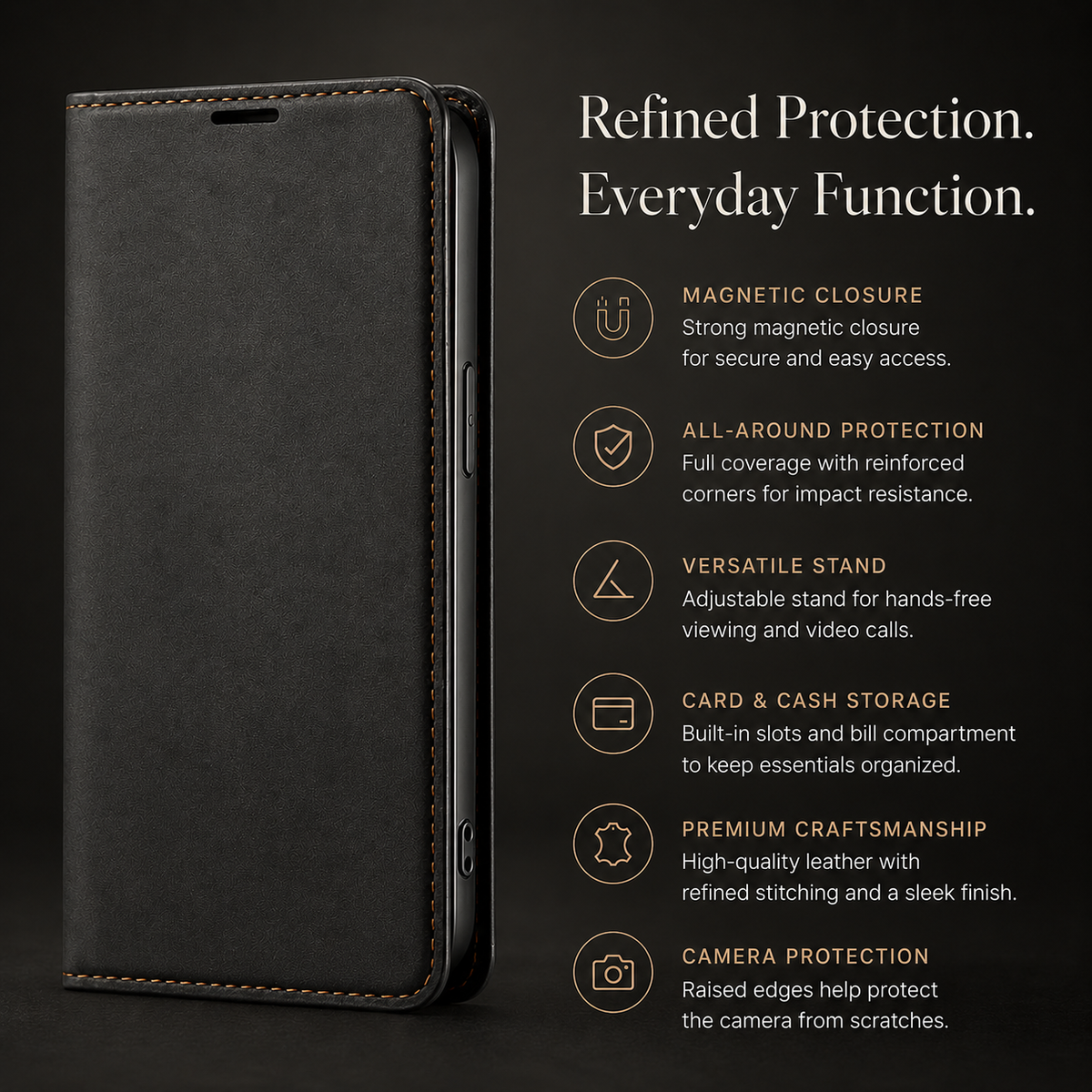 Premium iPhone Case Flip Wallet MagSafe Compatible Leather Card Holder Cover Stand Protection