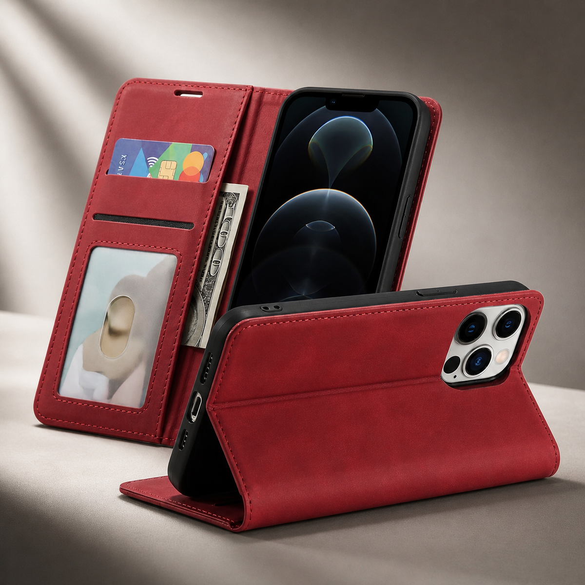 Premium iPhone Case Flip Wallet MagSafe Compatible Leather Card Holder Cover Stand Protection