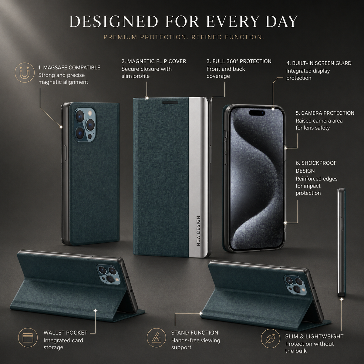 Premium iPhone Case Flip Wallet MagSafe Compatible Magnetic Shockproof Protective Cover Card Holder Stand Function Screen Protection Slim Design