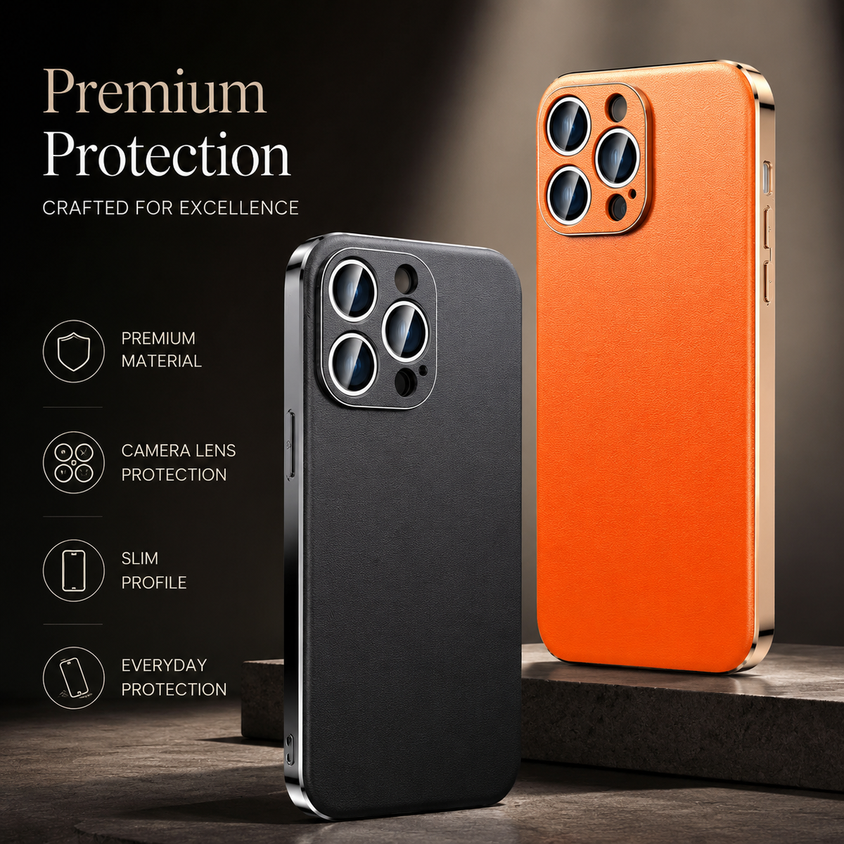 Premium iPhone Case Genuine Cowhide Leather Cover Plating Frame Full Camera Lens Protection Slim Durable Design