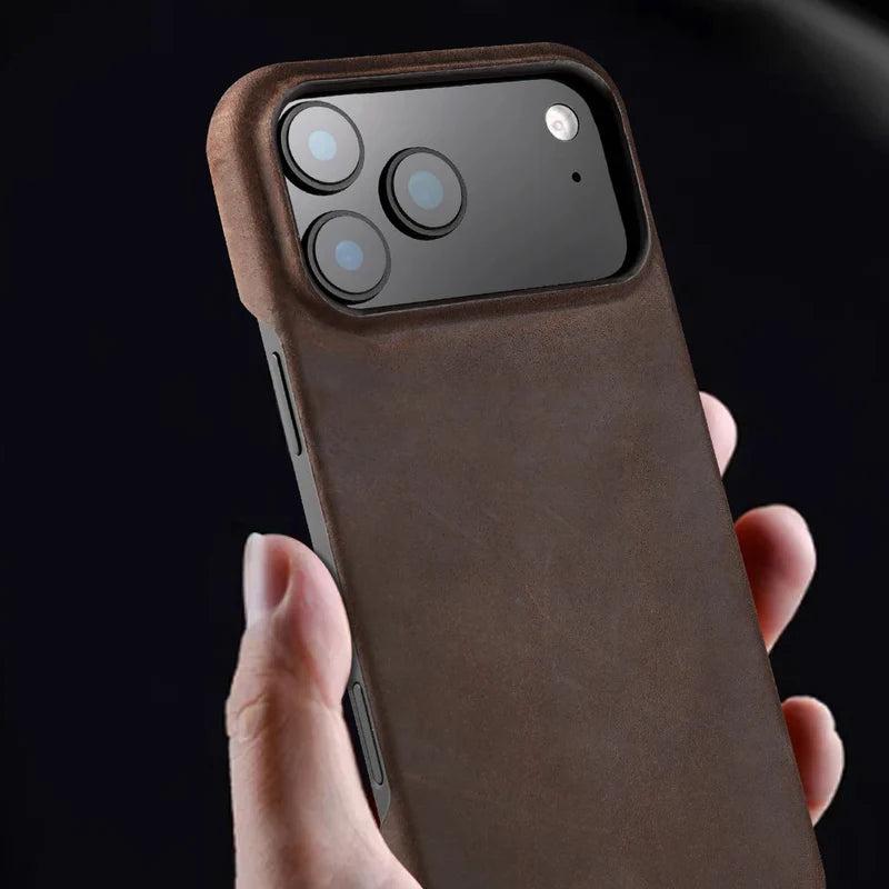 Premium iPhone Case Genuine Cowhide Leather Pull Up Cover Retro Magnetic MagSafe Shockproof Full Back Protection