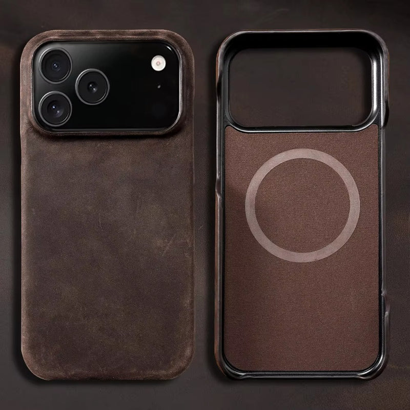 Premium iPhone Case Genuine Cowhide Leather Pull Up Cover Retro Magnetic MagSafe Shockproof Full Back Protection
