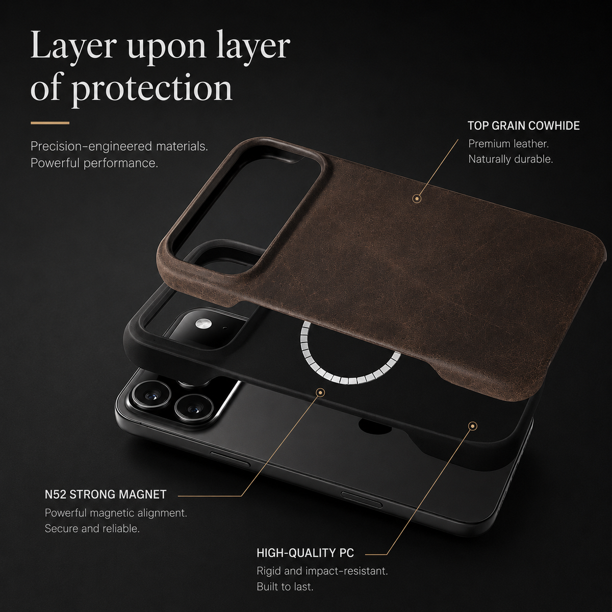 Premium iPhone Case Genuine Cowhide Leather Pull Up Cover Retro Magnetic MagSafe Shockproof Full Back Protection