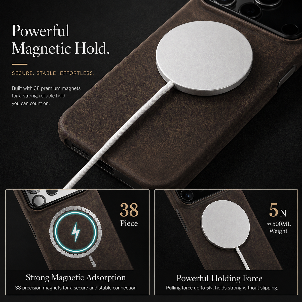 Premium iPhone Case Genuine Cowhide Leather Pull Up Cover Retro Magnetic MagSafe Shockproof Full Back Protection