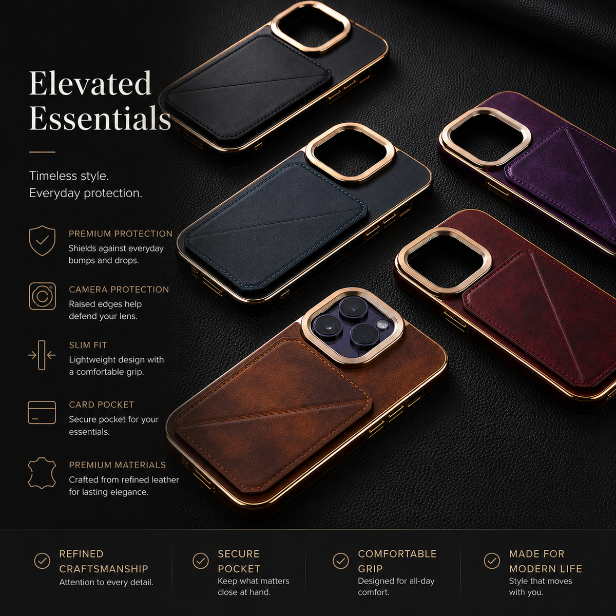 Premium iPhone Case Genuine Cowhide Leather Wallet Cover Magnetic Card Holder Full Body Protection Slim Design