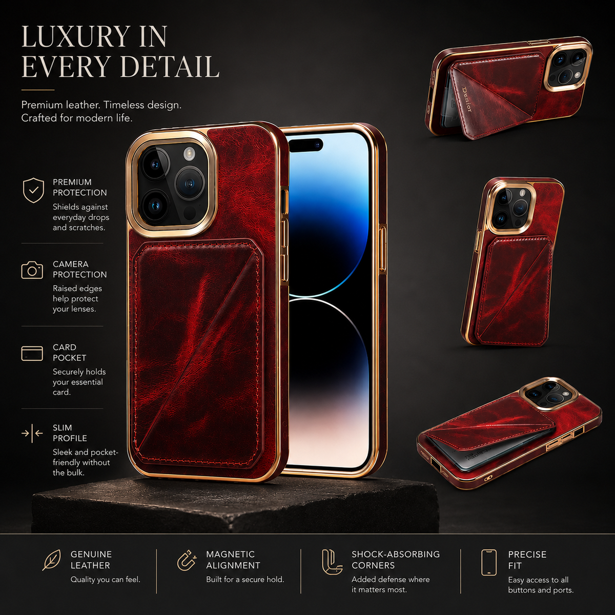 Premium iPhone Case Genuine Cowhide Leather Wallet Cover Magnetic Card Holder Full Body Protection Slim Design