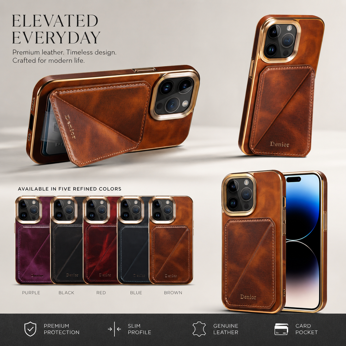 Premium iPhone Case Genuine Cowhide Leather Wallet Cover Magnetic Card Holder Full Body Protection Slim Design