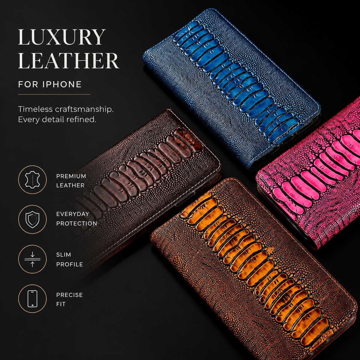 Premium iPhone Case Genuine Leather Flip Wallet Cover Card Slots Magnetic Closure Full Protection