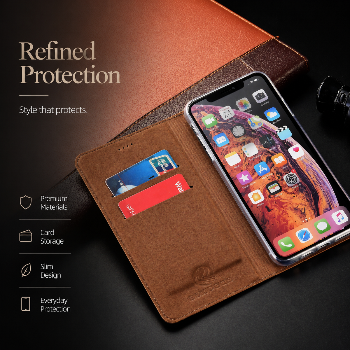 Premium iPhone Case Genuine Leather Flip Wallet Cover Card Slots Magnetic Closure Full Protection