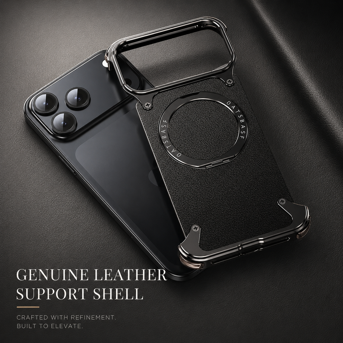Premium iPhone Case Genuine Leather Magnetic Cover MagSafe Compatible Rotating Ring Stand Shockproof Frameless Protection