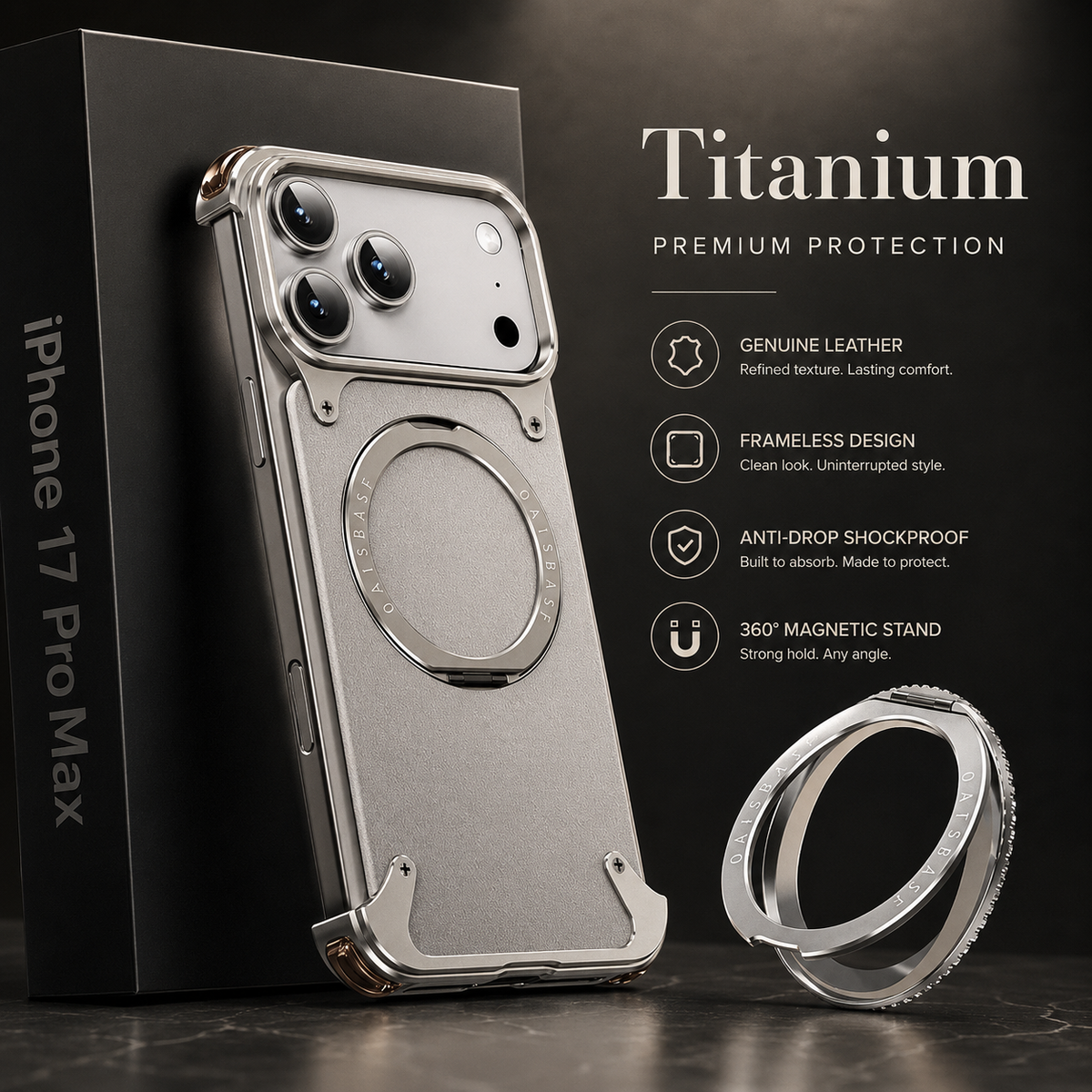 Premium iPhone Case Genuine Leather Magnetic Cover MagSafe Compatible Rotating Ring Stand Shockproof Frameless Protection