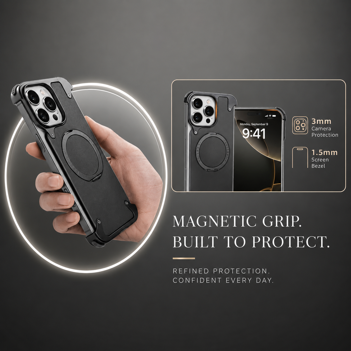 Premium iPhone Case Genuine Leather Magnetic Cover MagSafe Compatible Rotating Ring Stand Shockproof Frameless Protection