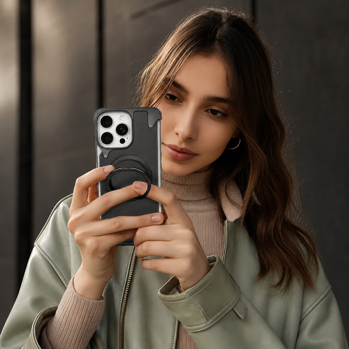 Premium iPhone Case Genuine Leather Magnetic Cover MagSafe Compatible Rotating Ring Stand Shockproof Frameless Protection