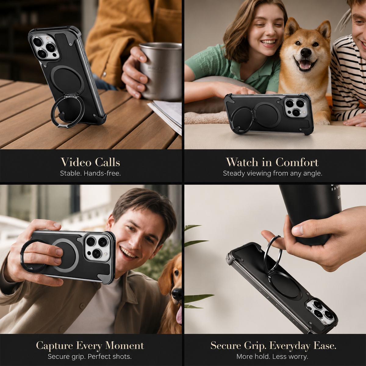 Premium iPhone Case Genuine Leather Magnetic Cover MagSafe Compatible Rotating Ring Stand Shockproof Frameless Protection