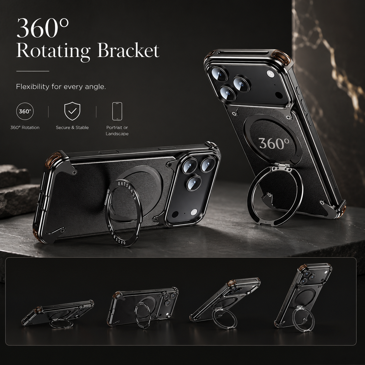 Premium iPhone Case Genuine Leather Magnetic Cover MagSafe Compatible Rotating Ring Stand Shockproof Frameless Protection