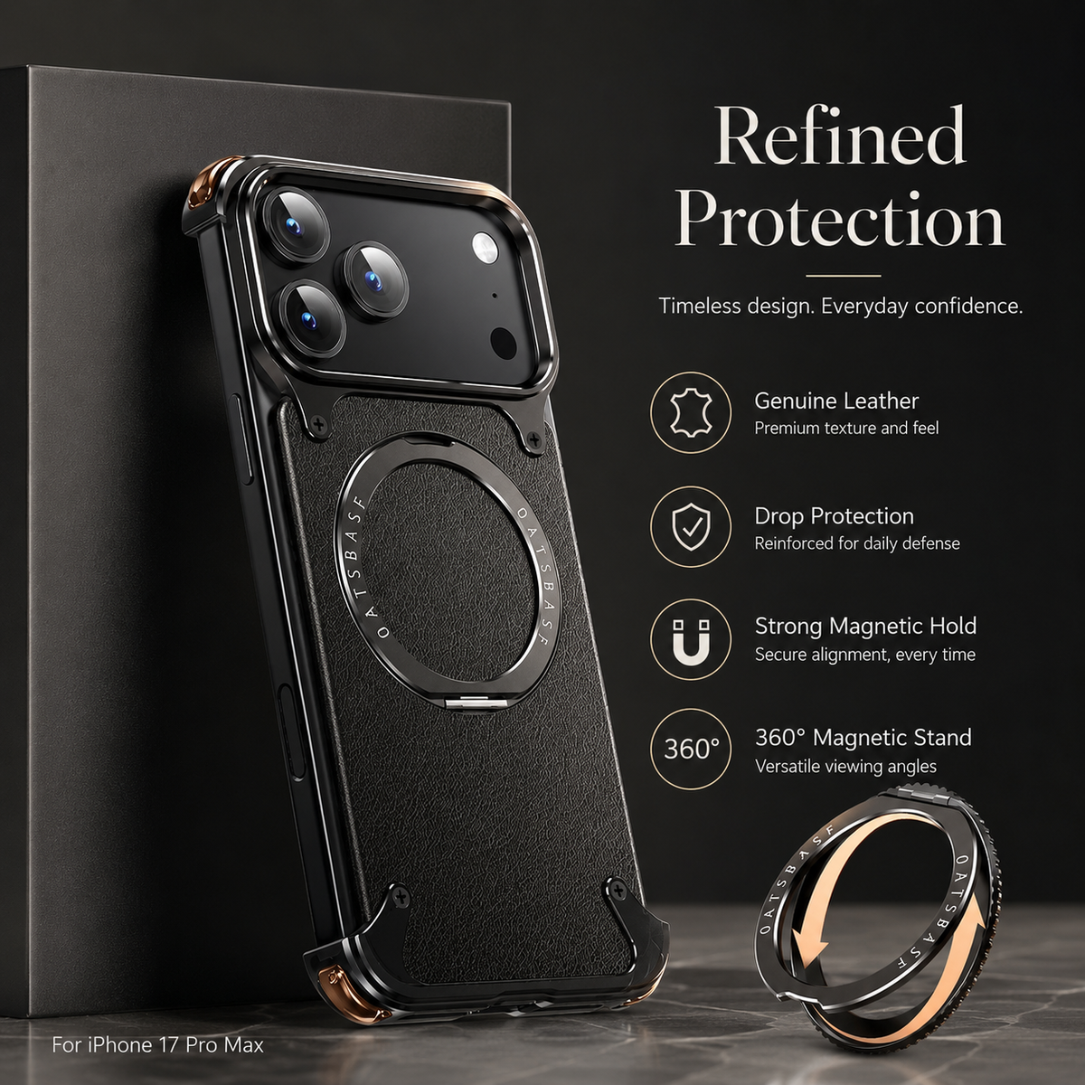 Premium iPhone Case Genuine Leather Magnetic Cover MagSafe Compatible Rotating Ring Stand Shockproof Frameless Protection