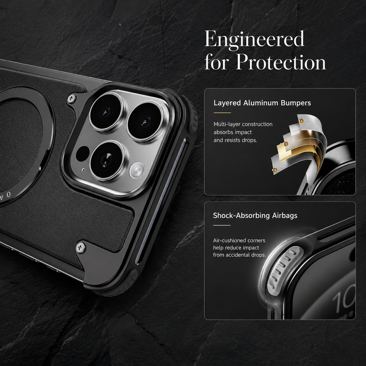 Premium iPhone Case Genuine Leather Magnetic Cover MagSafe Compatible Rotating Ring Stand Shockproof Frameless Protection