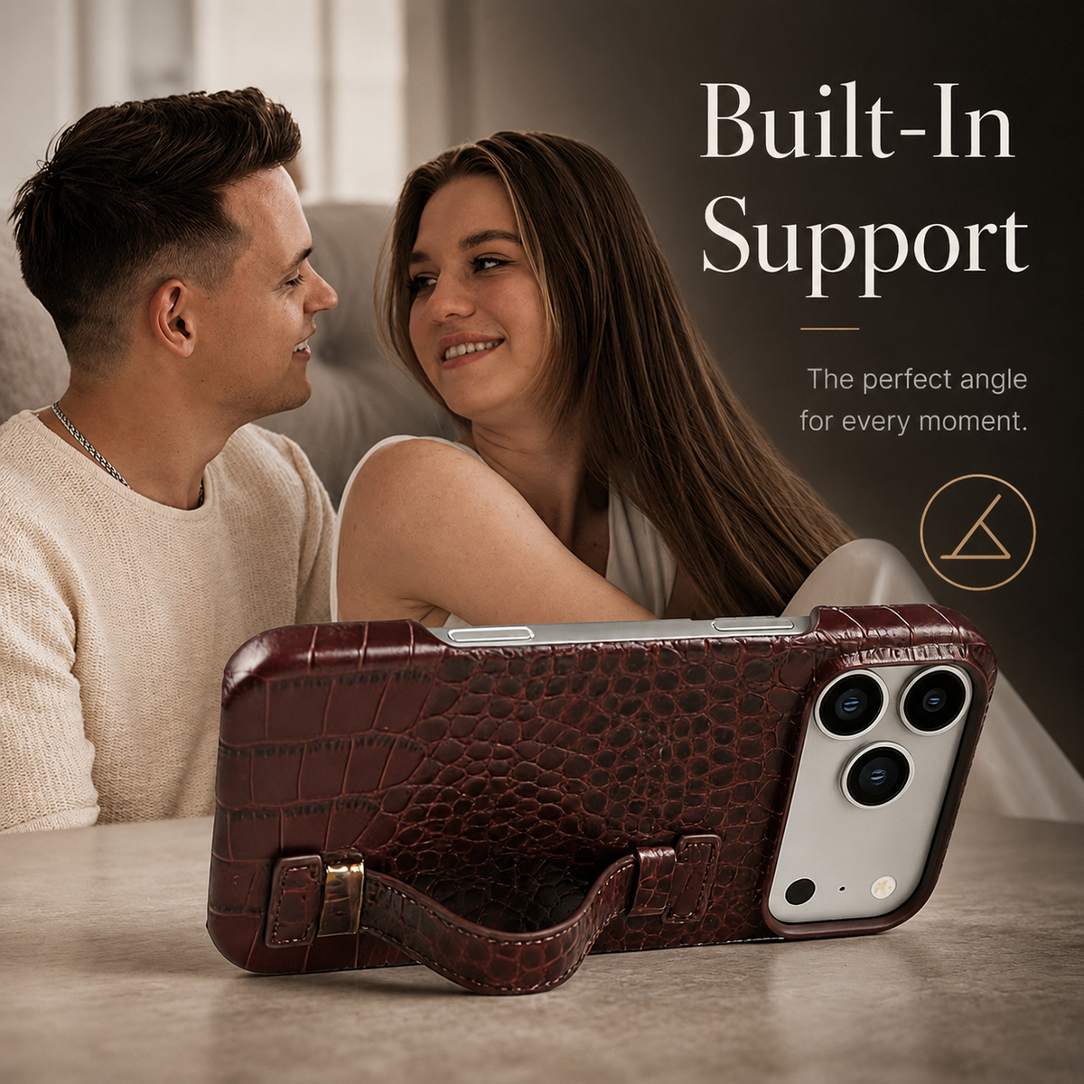 Premium iPhone Case Genuine Leather Wrist Strap Kickstand Crocodile Pattern Shockproof Protective Cover Luxury Full Coverage Case