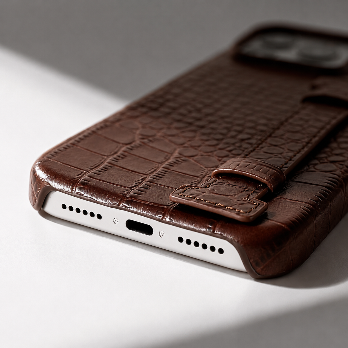 Premium iPhone Case Genuine Leather Wrist Strap Kickstand Crocodile Pattern Shockproof Protective Cover Luxury Full Coverage Case