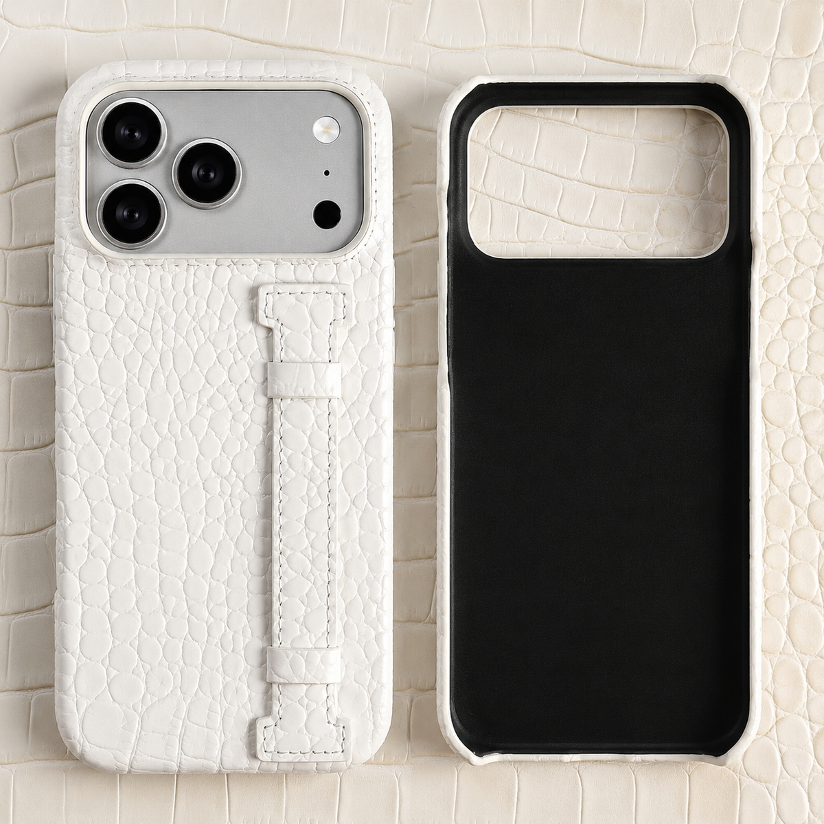 Premium iPhone Case Genuine Leather Wrist Strap Kickstand Crocodile Pattern Shockproof Protective Cover Luxury Full Coverage Case