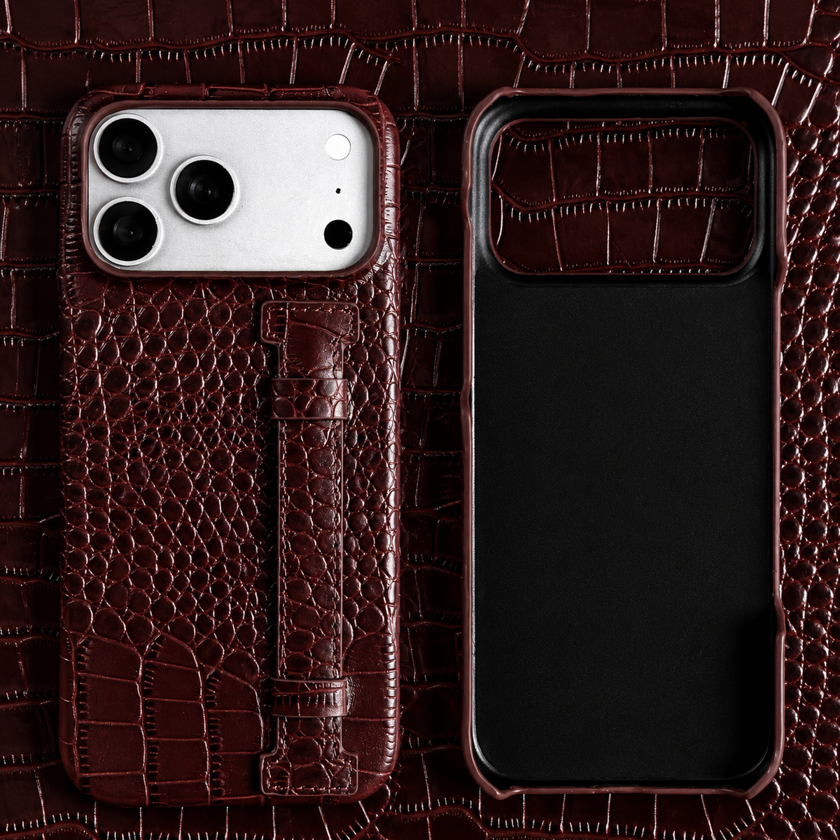 Premium iPhone Case Genuine Leather Wrist Strap Kickstand Crocodile Pattern Shockproof Protective Cover Luxury Full Coverage Case