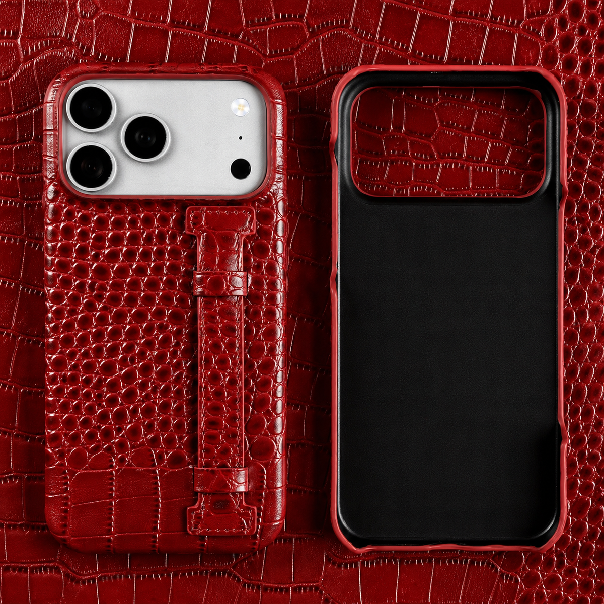 Premium iPhone Case Genuine Leather Wrist Strap Kickstand Crocodile Pattern Shockproof Protective Cover Luxury Full Coverage Case