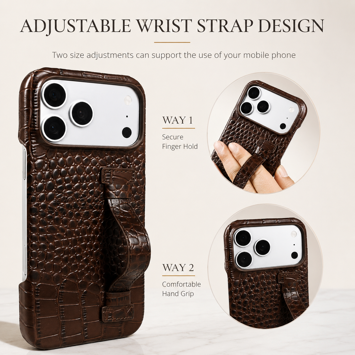 Premium iPhone Case Genuine Leather Wrist Strap Kickstand Crocodile Pattern Shockproof Protective Cover Luxury Full Coverage Case