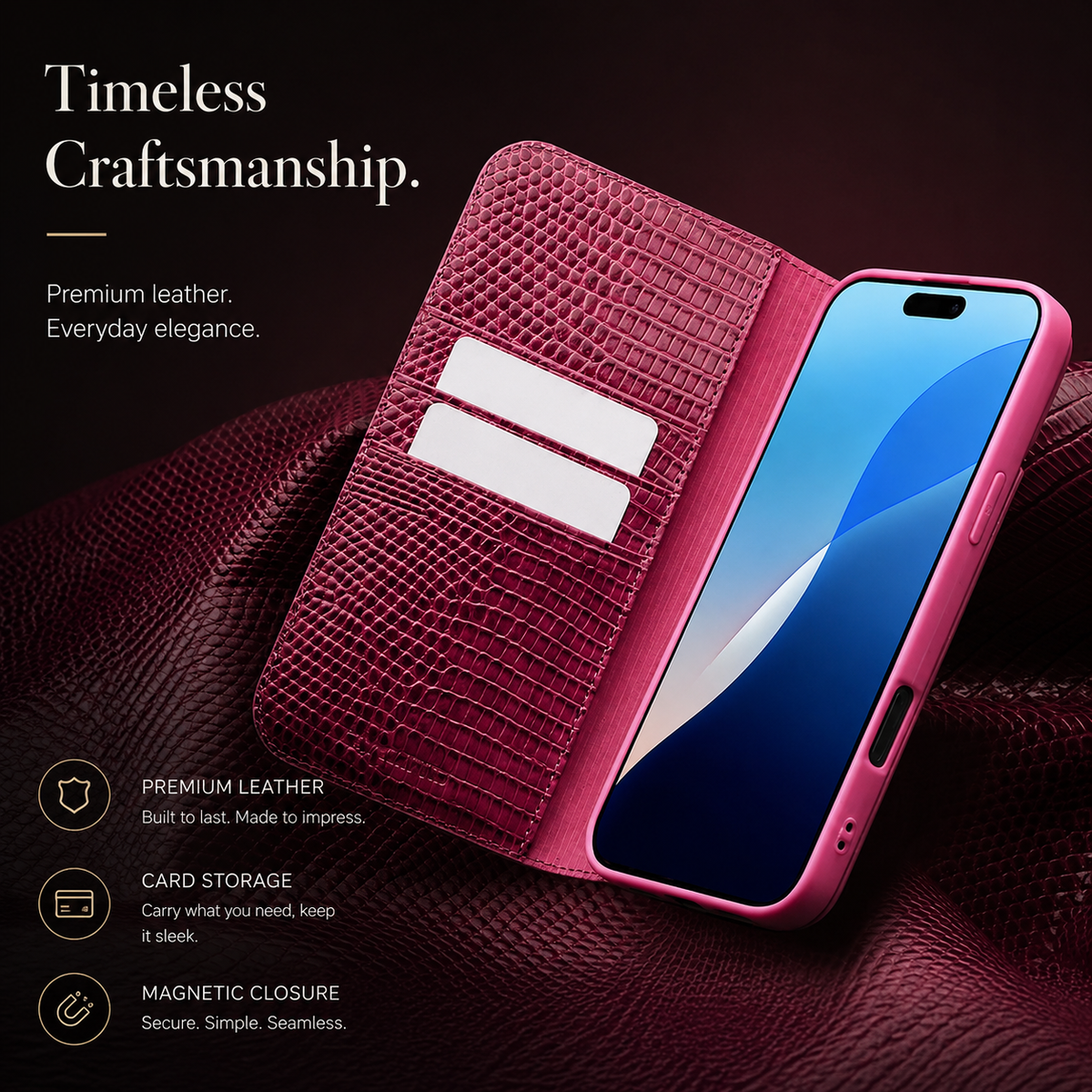 Premium iPhone Case Genuine Lizard Leather Flip Wallet Cover Magnetic Closure Kickstand Shockproof Full Body Protection