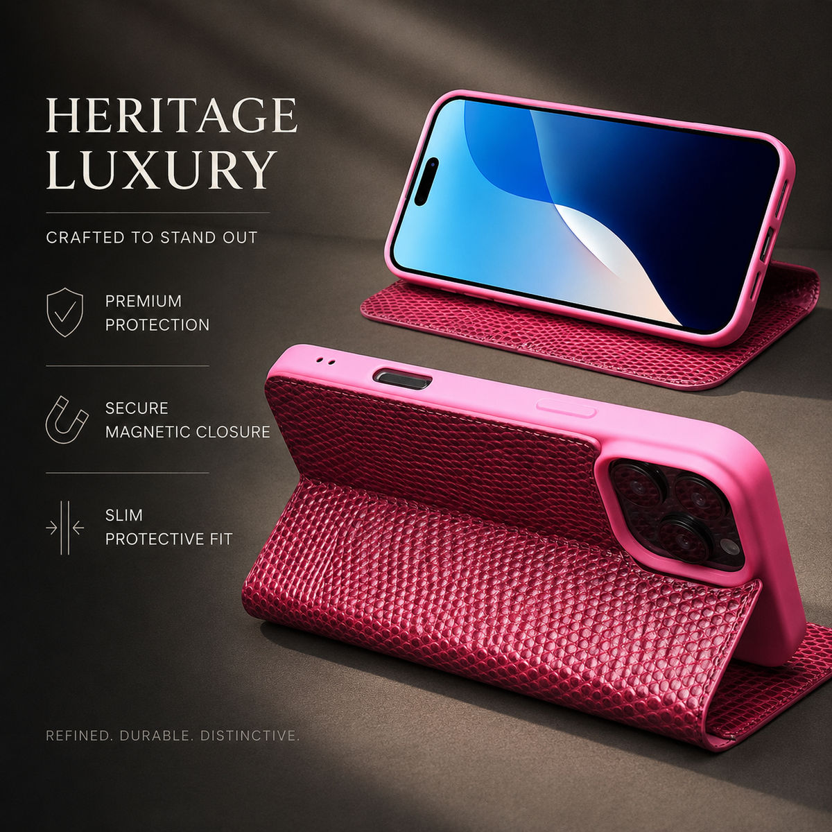 Premium iPhone Case Genuine Lizard Leather Flip Wallet Cover Magnetic Closure Kickstand Shockproof Full Body Protection