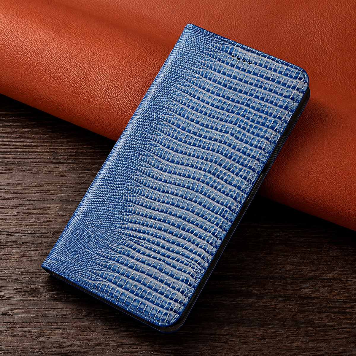 Premium iPhone Case Genuine Lizard Leather Flip Wallet Cover Magnetic Closure Kickstand Shockproof Full Body Protection