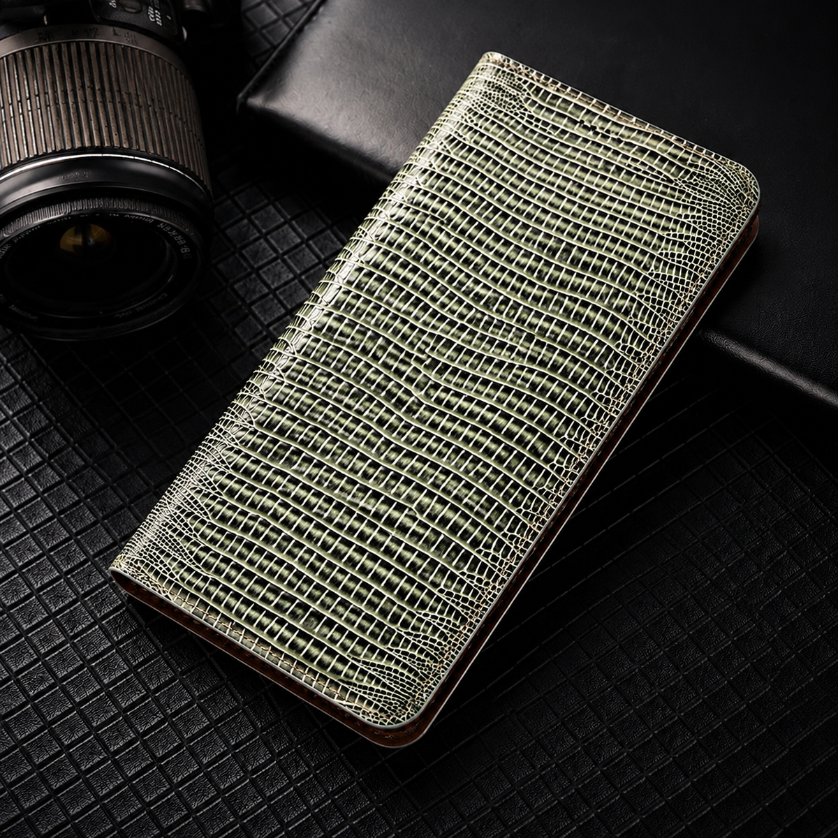 Premium iPhone Case Genuine Lizard Leather Flip Wallet Cover Magnetic Closure Kickstand Shockproof Full Body Protection