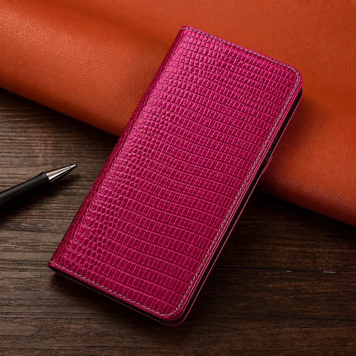 Premium iPhone Case Genuine Lizard Leather Flip Wallet Cover Magnetic Closure Kickstand Shockproof Full Body Protection