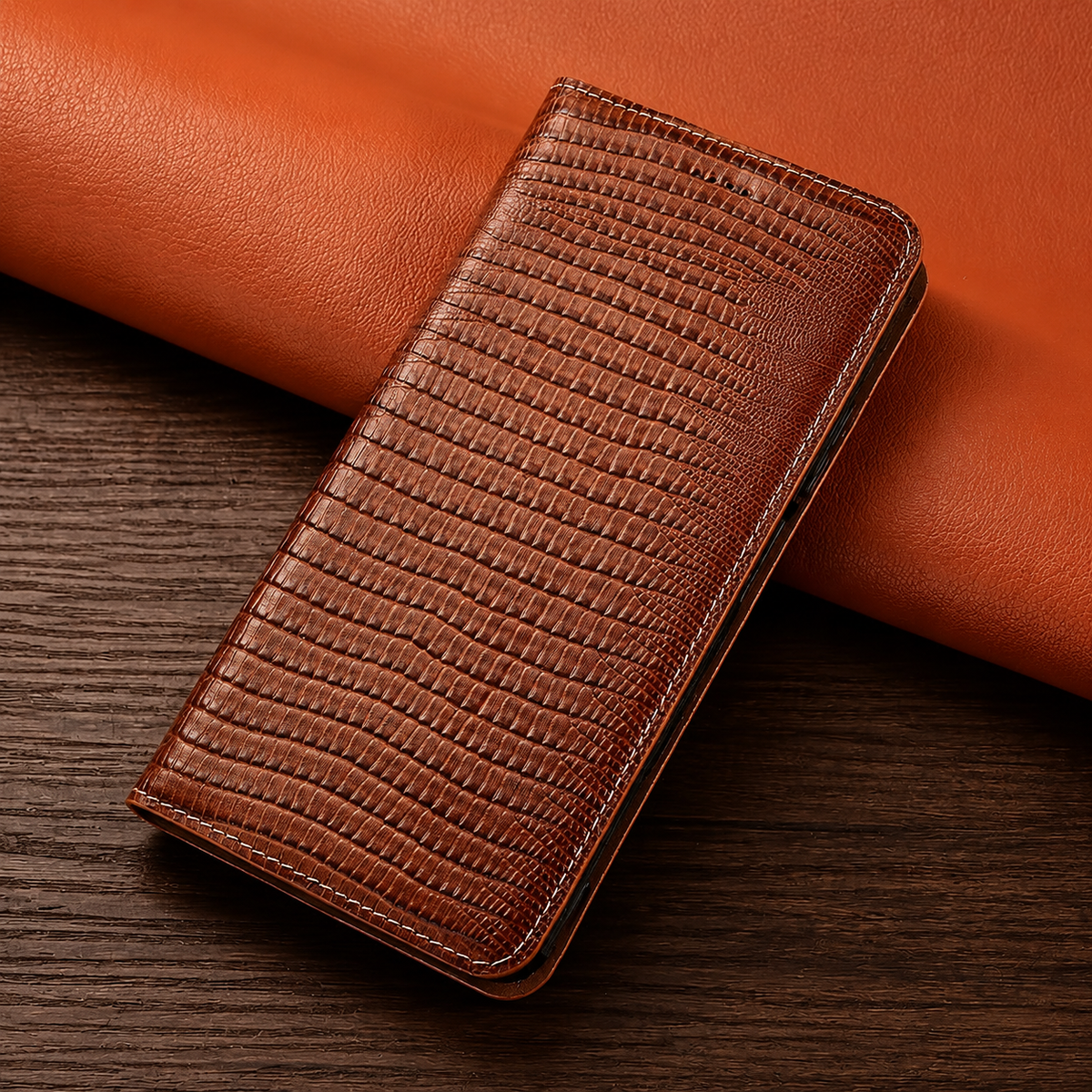 Premium iPhone Case Genuine Lizard Leather Flip Wallet Cover Magnetic Closure Kickstand Shockproof Full Body Protection
