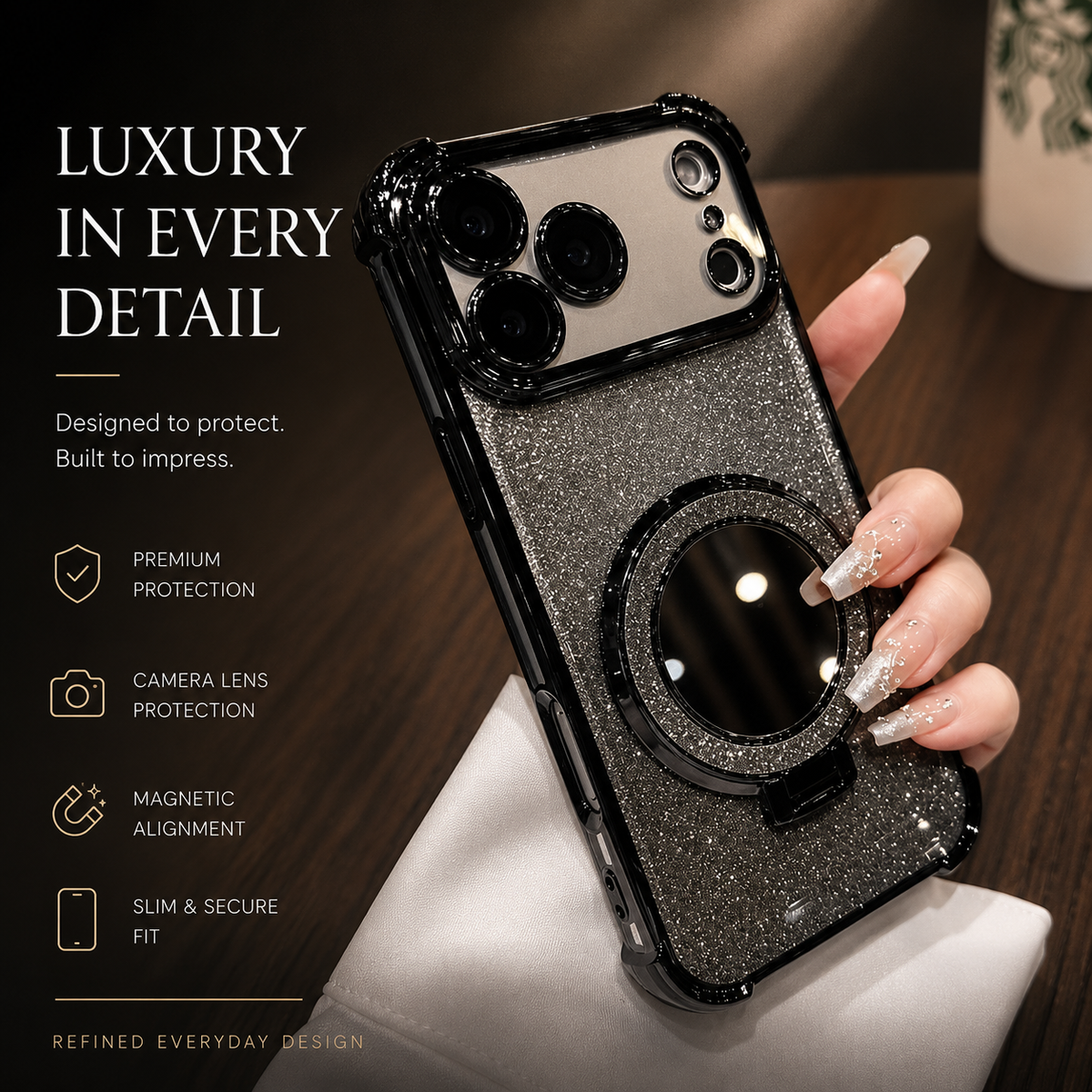 Premium iPhone Case Glitter Mirror Magnetic Bracket Cover Shockproof Silicone Anti Scratch Non Slip Protective Case