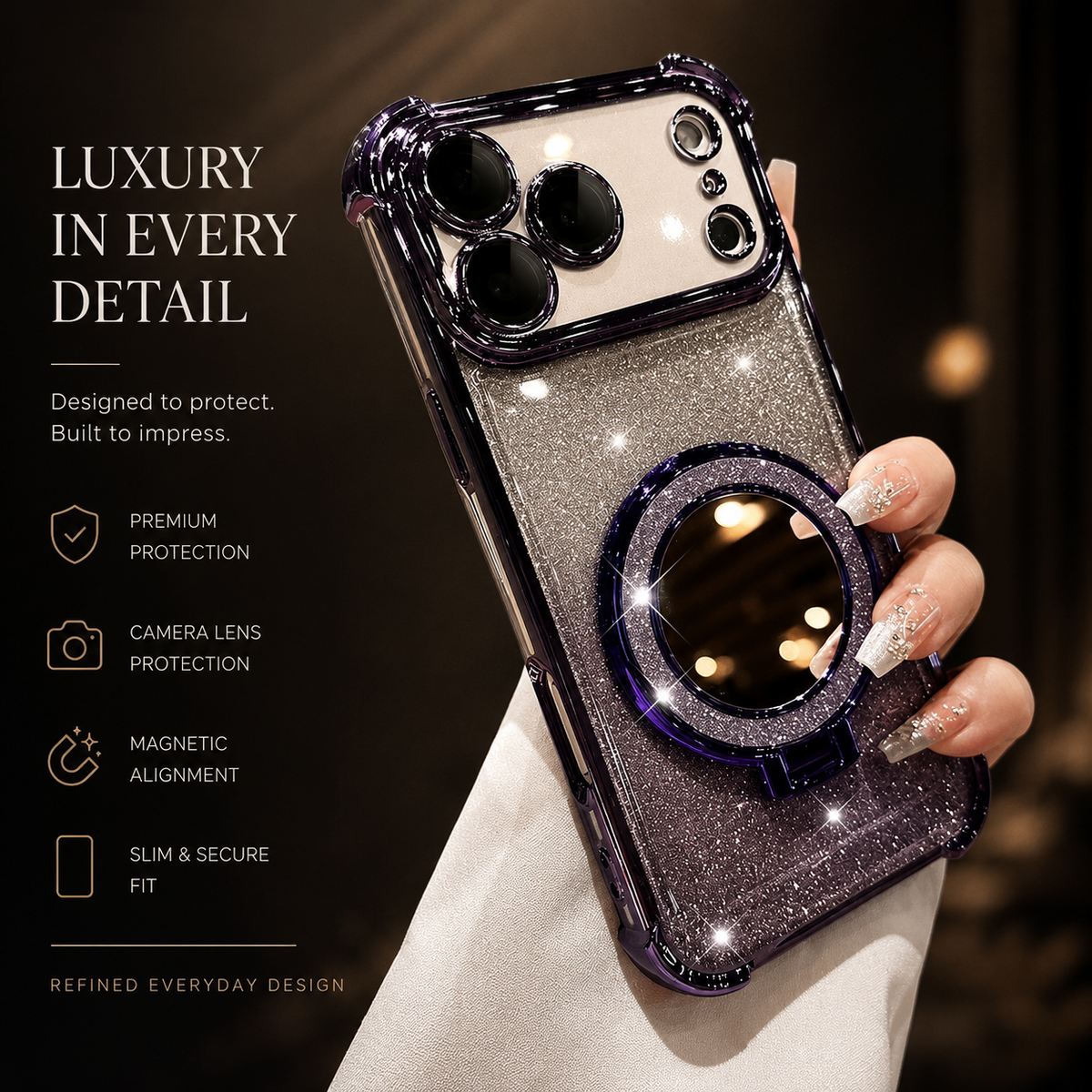 Premium iPhone Case Glitter Mirror Magnetic Bracket Cover Shockproof Silicone Anti Scratch Non Slip Protective Case
