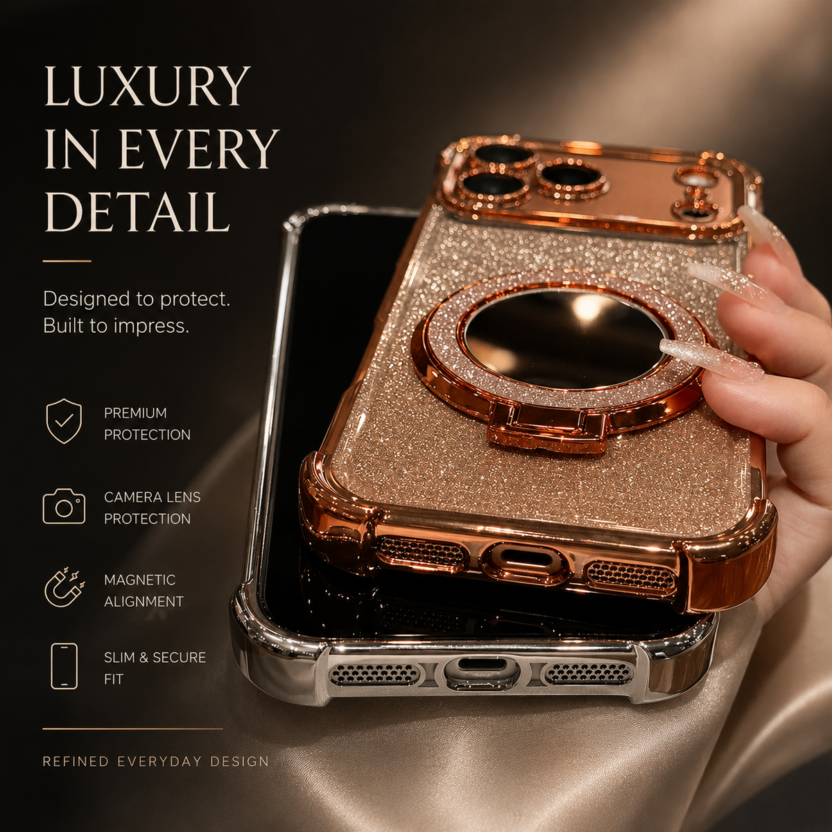 Premium iPhone Case Glitter Mirror Magnetic Bracket Cover Shockproof Silicone Anti Scratch Non Slip Protective Case