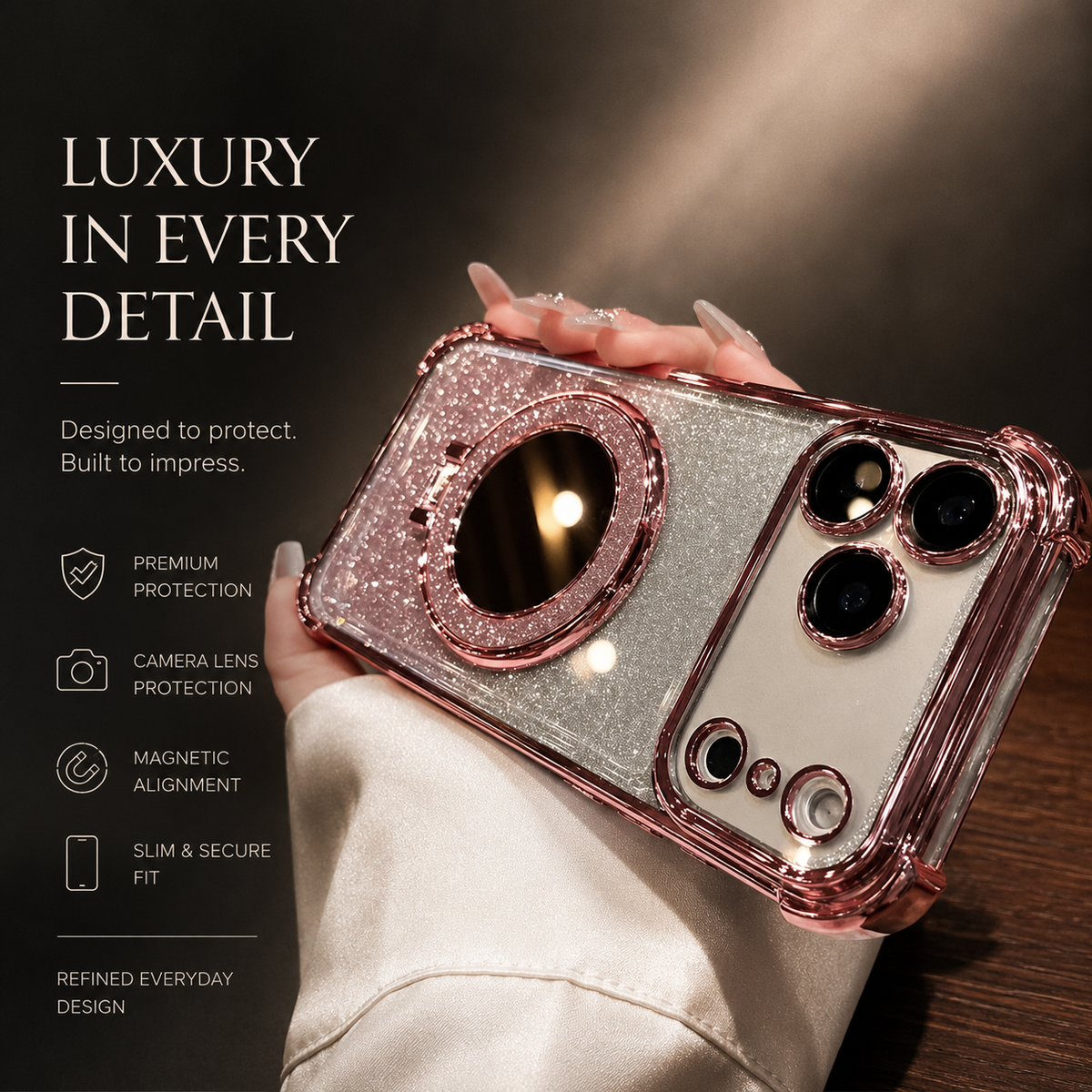 Premium iPhone Case Glitter Mirror Magnetic Bracket Cover Shockproof Silicone Anti Scratch Non Slip Protective Case