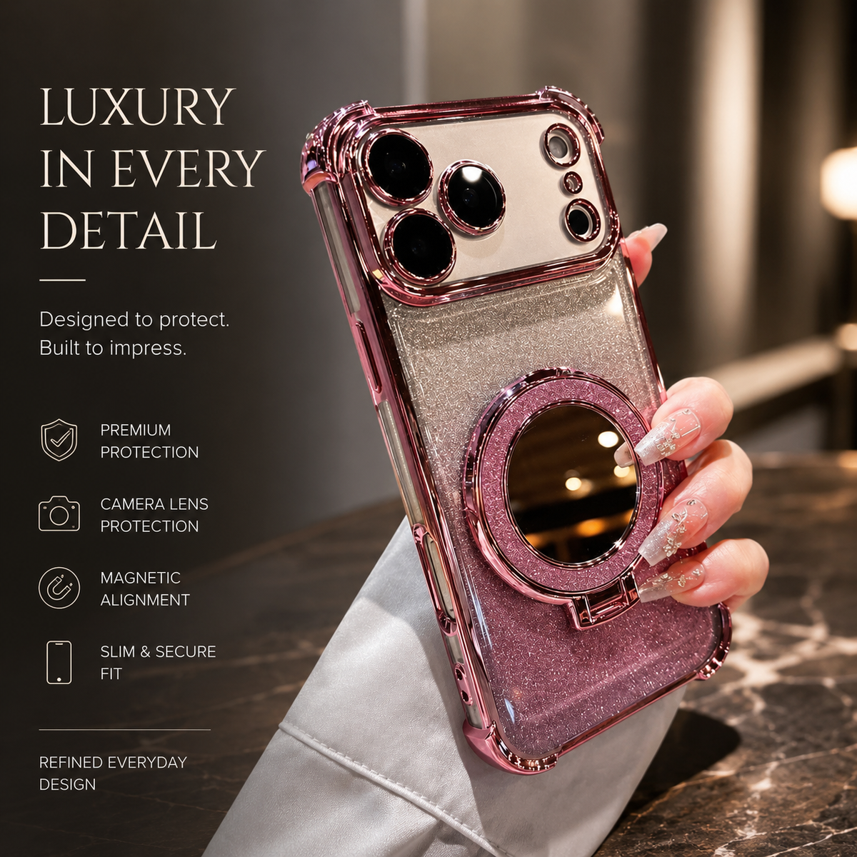 Premium iPhone Case Glitter Mirror Magnetic Bracket Cover Shockproof Silicone Anti Scratch Non Slip Protective Case