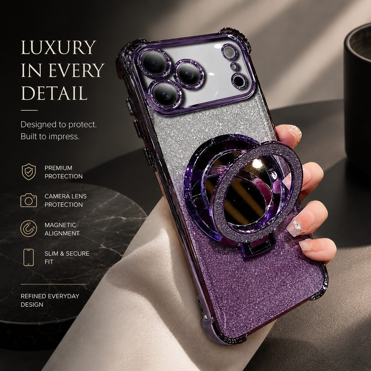 Premium iPhone Case Glitter Mirror Magnetic Bracket Cover Shockproof Silicone Anti Scratch Non Slip Protective Case
