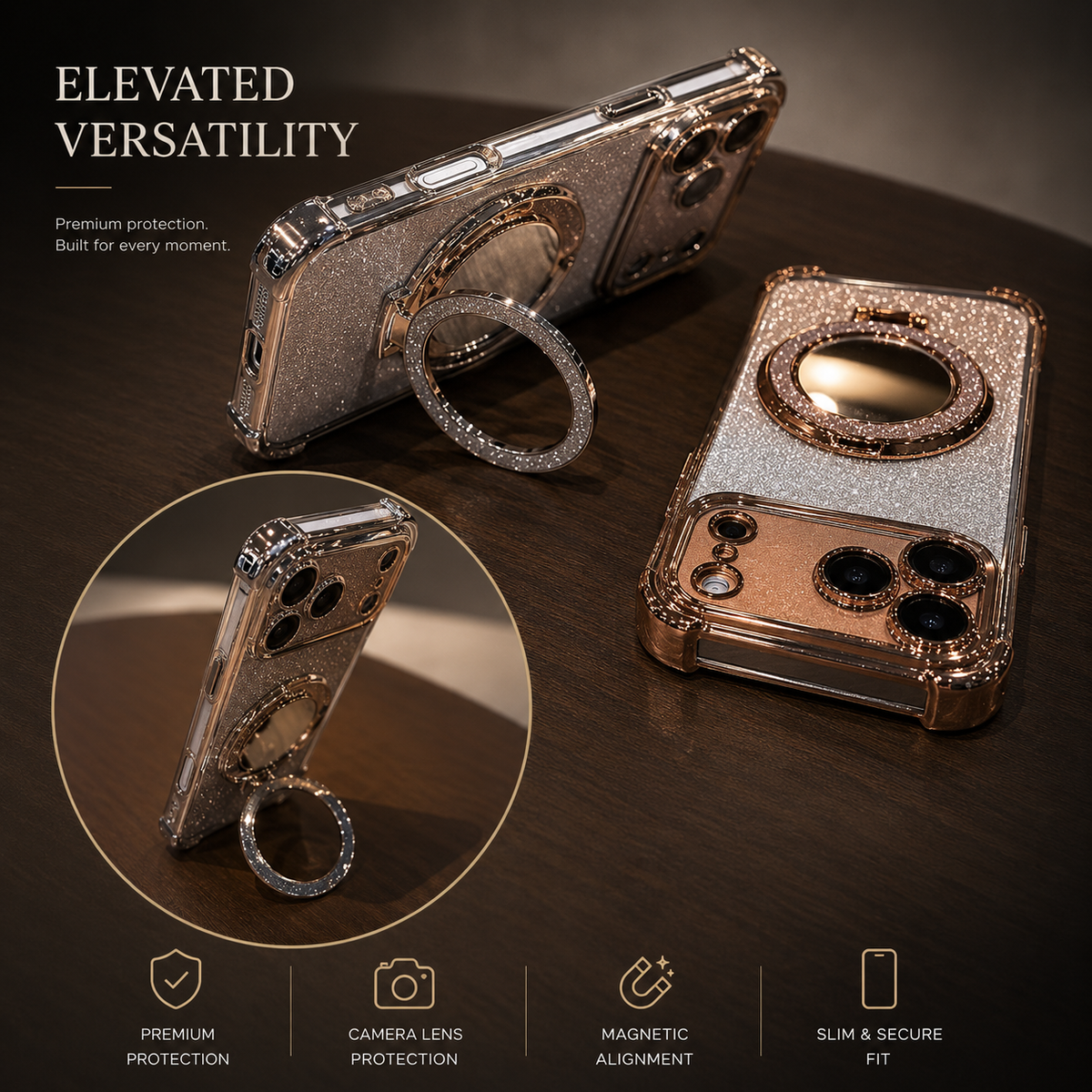 Premium iPhone Case Glitter Mirror Magnetic Bracket Cover Shockproof Silicone Anti Scratch Non Slip Protective Case