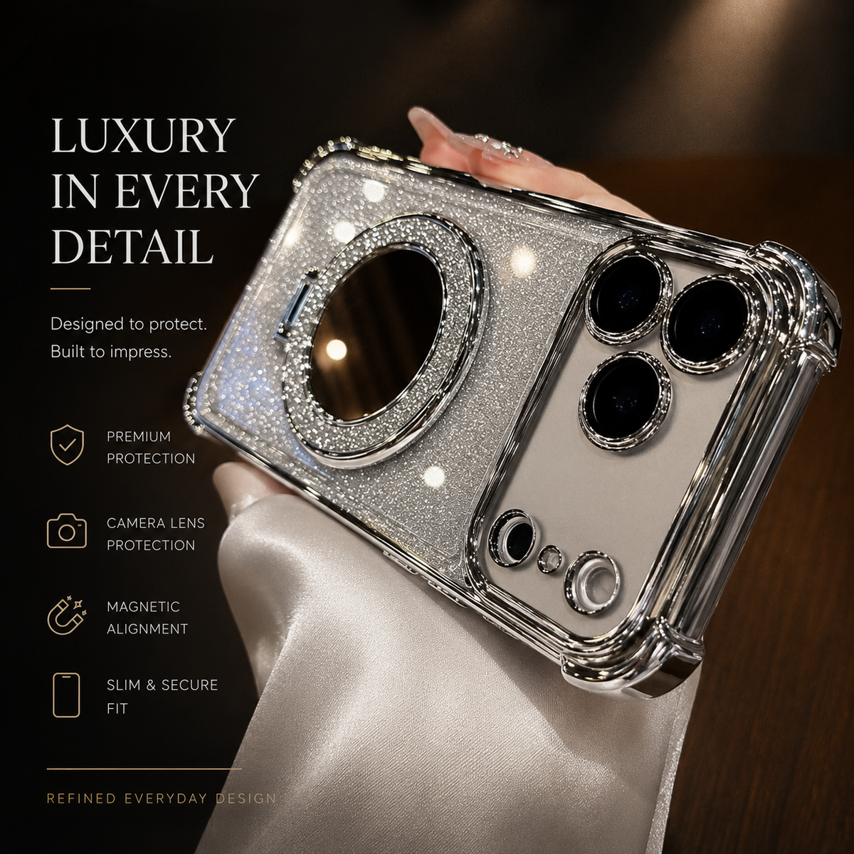 Premium iPhone Case Glitter Mirror Magnetic Bracket Cover Shockproof Silicone Anti Scratch Non Slip Protective Case