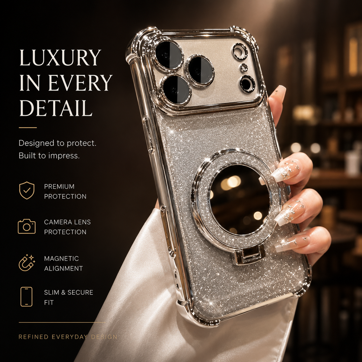 Premium iPhone Case Glitter Mirror Magnetic Bracket Cover Shockproof Silicone Anti Scratch Non Slip Protective Case