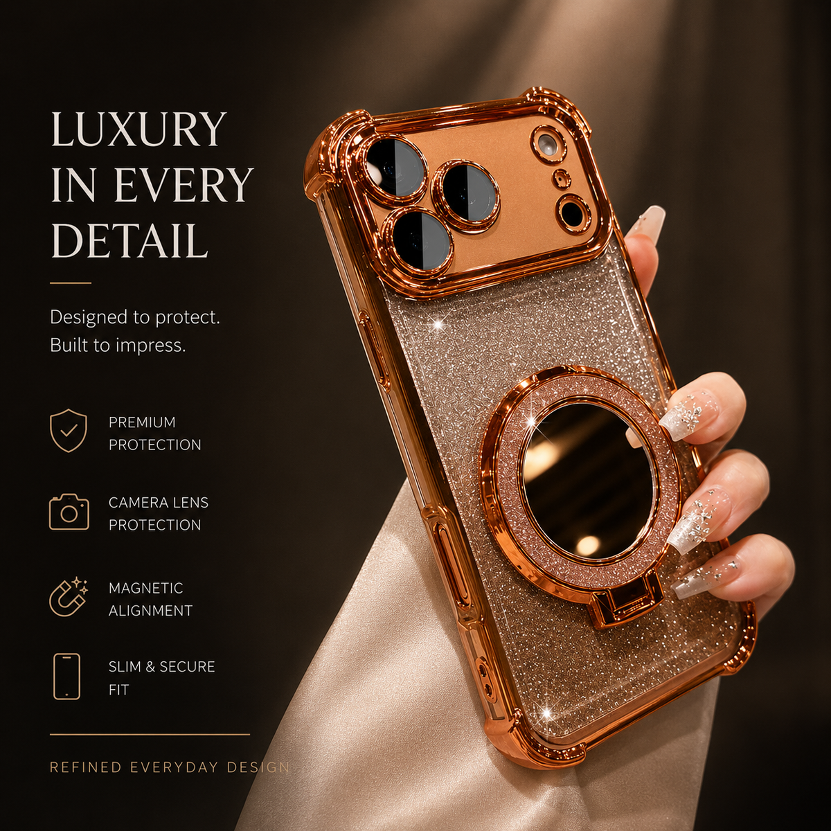 Premium iPhone Case Glitter Mirror Magnetic Bracket Cover Shockproof Silicone Anti Scratch Non Slip Protective Case