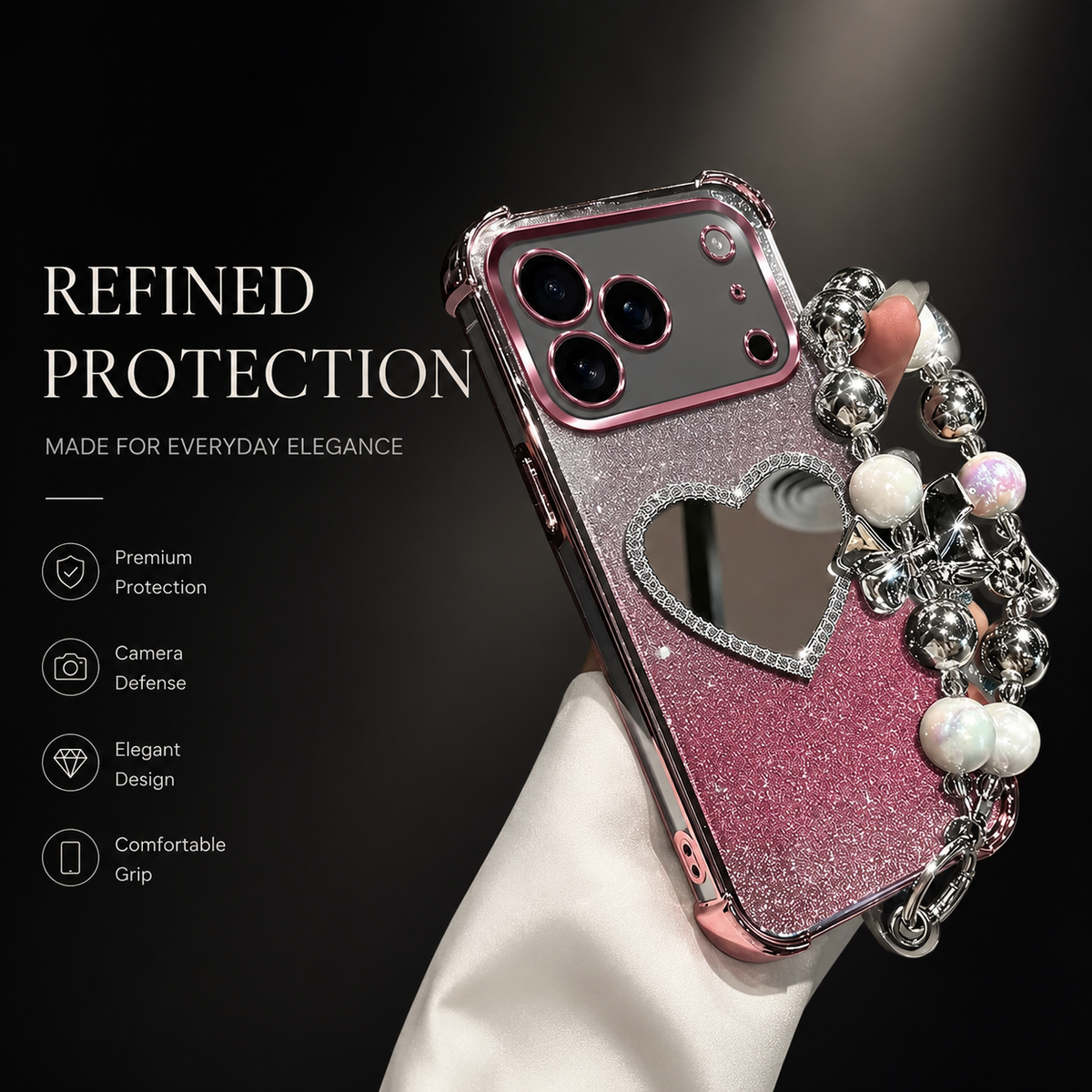 Premium iPhone Case Glitter Plating Love Mirror Bracelet Cover MagSafe Stand Holder Shockproof Silicone Protective Case
